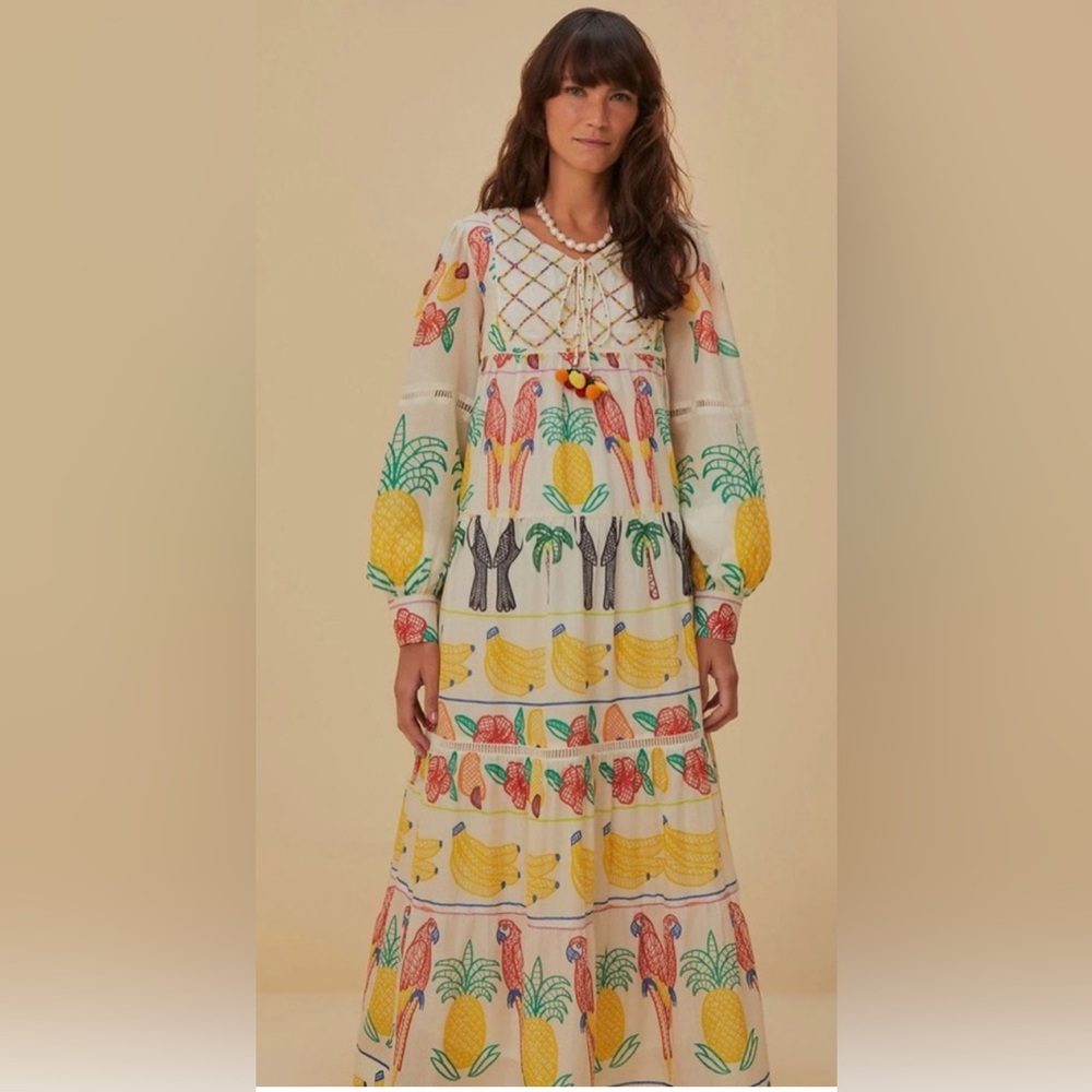 Farm Rio Off-White Tropicolors Yoke Embroidered MIDI Dress size S